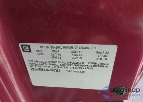 2006 Chevrolet Impala Lt from USA, damaged, VIN 2G1WT55K169343321